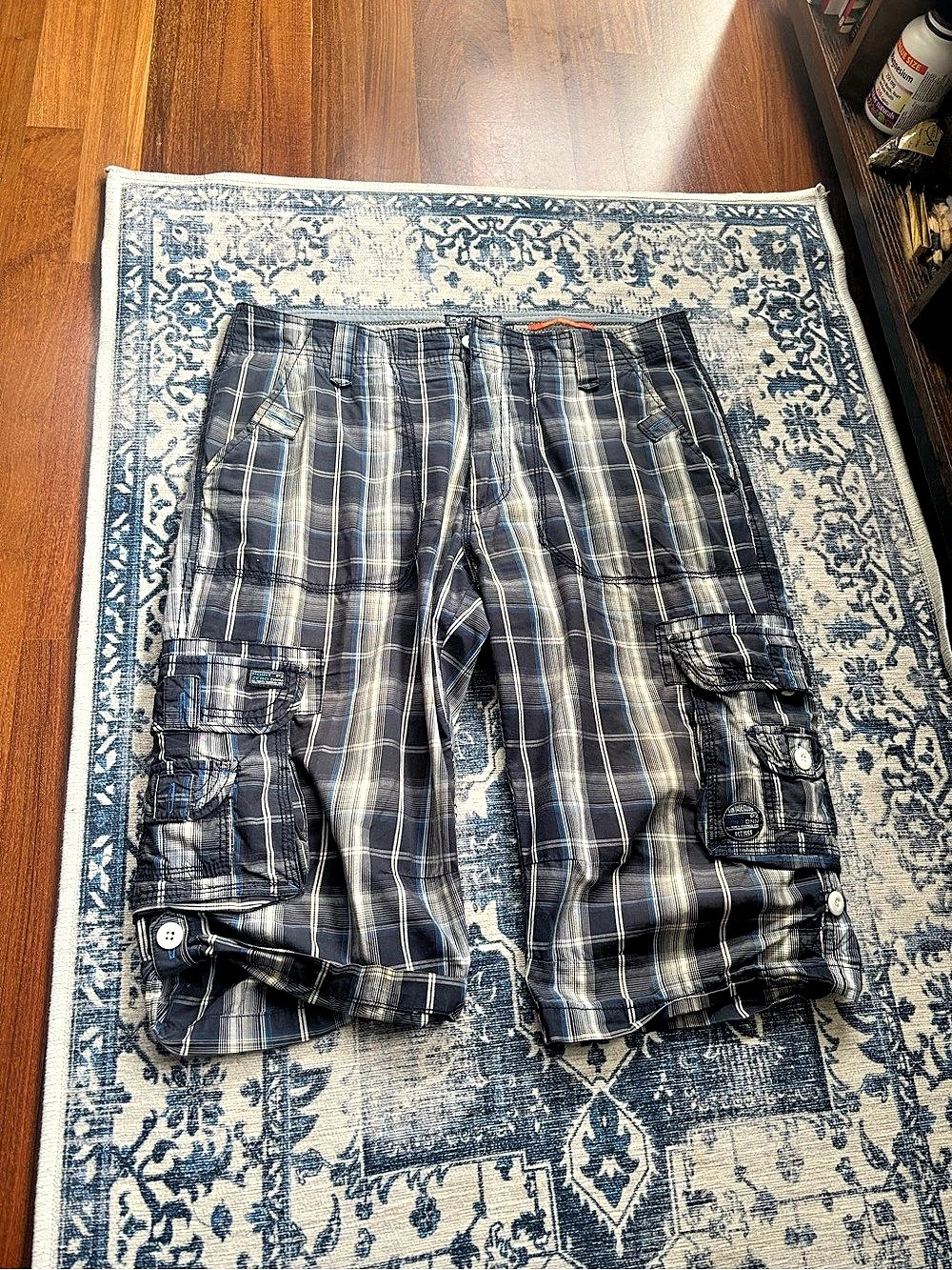 Point Zero Cargo Shorts Plaid Blue & Gray Waist 33